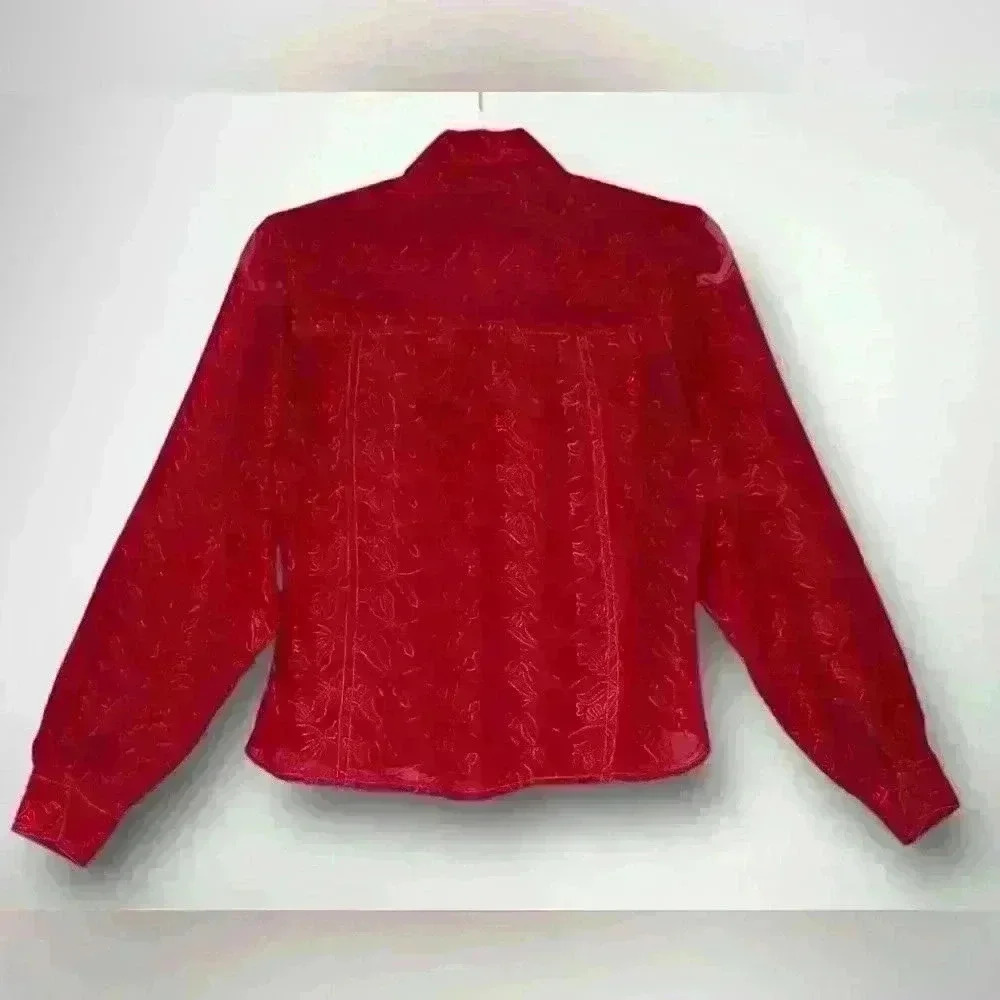 Women’s Sheer Red Button Down Blouse Decorative Embroidery Two Pocket Size M - Picture 4 of 8